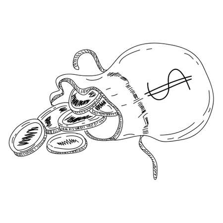 Money bag and coins falling from it. Concept of savings and the economy. Deposit. Cost control. Profit and liquidity. Cash Management. Distribution of money. Budget planningのイラスト素材