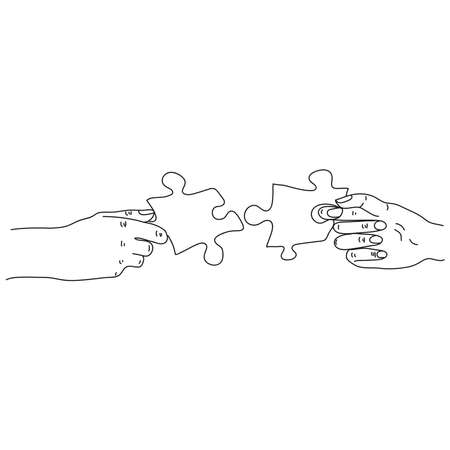 Connection. Hands trying to fit two puzzle pieces together. Puzzle icon, teamwork concept. Vectorのイラスト素材