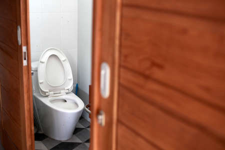 White flush toilet in modern bathroom interior