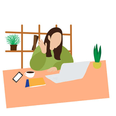 Vector illustration of a woman doing online meeting with her laptop at home. Simple flat design with modern colorのイラスト素材
