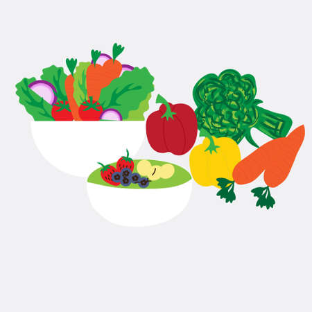 Vegetable salad in a deep white bowl. Vector illustration on white background.のイラスト素材