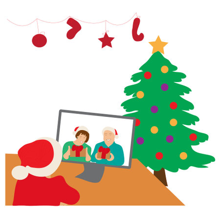 Vector illustration of christmas season in pandemic. Meeting online with familyのイラスト素材