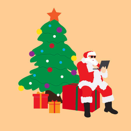 Vector illustration of Santa Claus delivers Christmas gifts from his laptopのイラスト素材