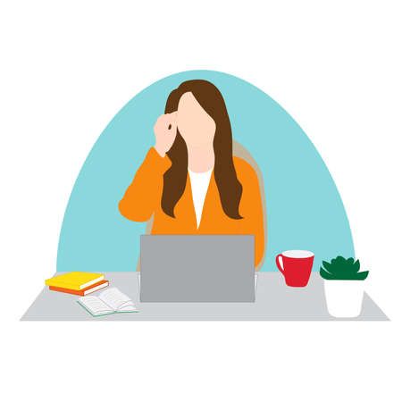 Vector illustrator of a businesswoman working on office table with her laptop. Flat designのイラスト素材