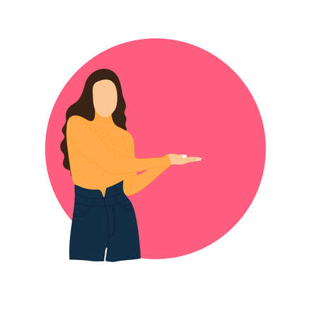 Vector illustration of a woman standing while presenting something beside her. Flat designのイラスト素材