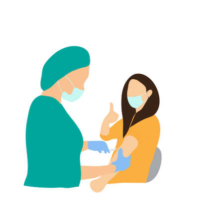 Vector illustration of a woman is receiving a vaccine from a health worker. Flat designのイラスト素材