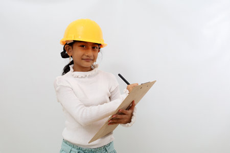 Happy Asian little girl in the construction helmet as an engineer standing while writing something. Isolated on whiteの写真素材