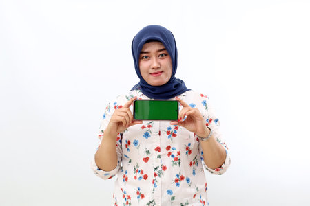 Happy asian muslim woman presenting empty phone screen. Isolated on white backgroundの写真素材