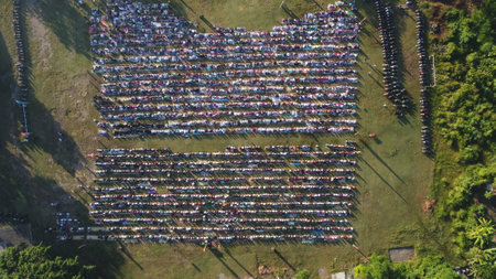 Aerial View People are praying Eid al-Fitr on the field in the morningの写真素材