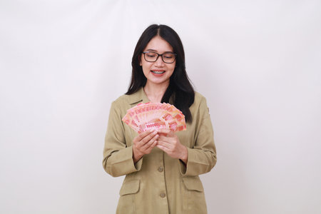 Happy asian teacher holding Indonesian banknotes. Isolated on whiteの写真素材