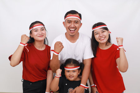 Group of multiracial people celebrating Indonesian independence day. Isolated on white backgroundの写真素材