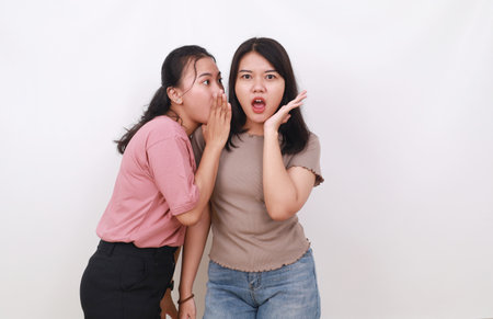 Asian woman inciting to her friend. Gossip concept. Isolated on whiteの写真素材