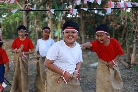 Indonesian kids celebrate Indonesia independence day with outdoor contest