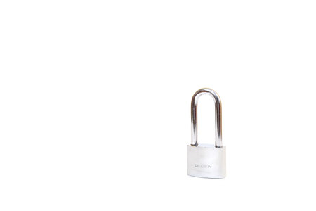 Silver Padlock isolated on white background with copyspaceの写真素材