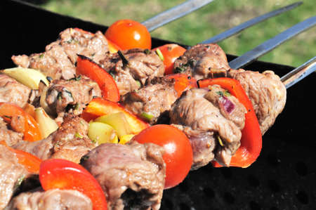 Kebabs, threaded on a skewer and grill.の写真素材