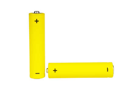 Two batteries close up on a white background.