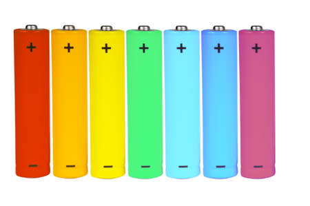 Seven standing batteries of different colors. Isolated on white.の写真素材