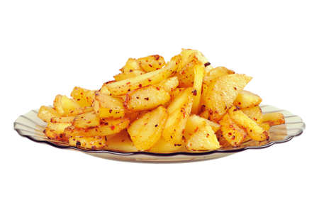 Fried potatoes  on a plate. Isolated on white.の写真素材