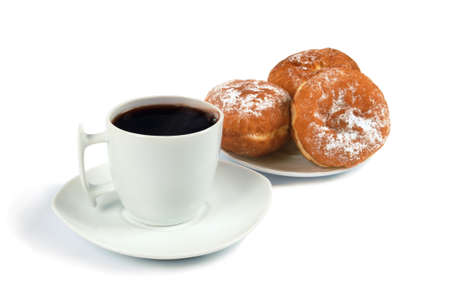 A cup of coffee and saucer with donuts on whiteの写真素材