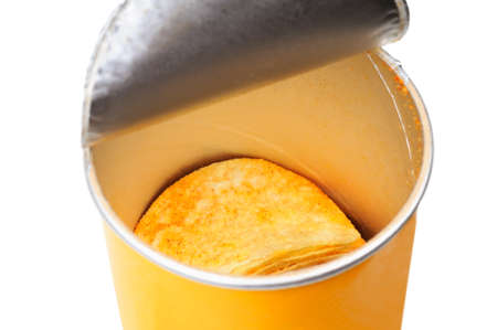 Potato chips in the yellow jar. Isolated on white background.の写真素材