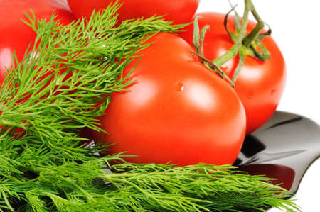 Tomatoes on a black plate with dill. Isolated on white.の写真素材