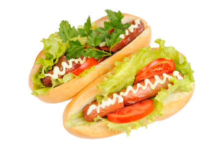 Two tasty and delicious hotdog. Isolated on white.の写真素材