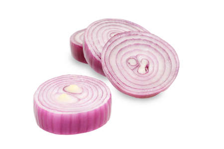 Ð¡hopped red onion circles  Isolated on white の写真素材