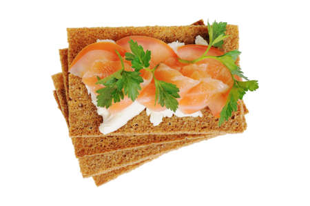 Snack  Bread with feta cheese and salmon  Isolated on white の写真素材