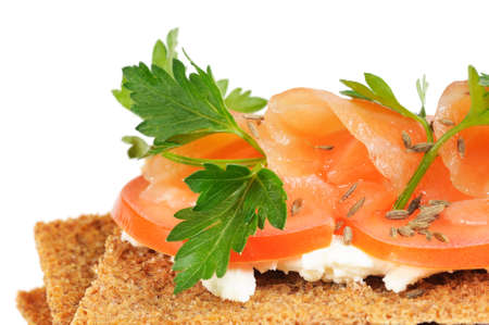 Snack  Bread with feta cheese and salmon  Isolated on white の写真素材