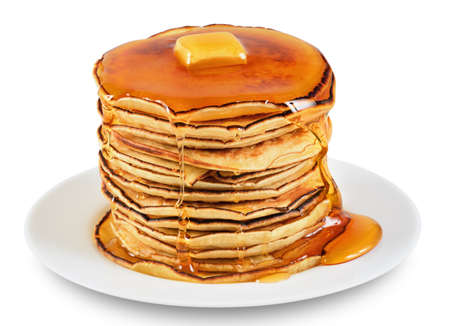 Pancakes with butter and syrup. Isolated on white background.の写真素材