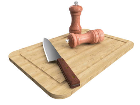 Cooks knife and Salt and Pepper Shakers on a wooden board.の写真素材