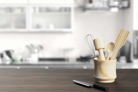 kitchen utensils on the table on background of the kitchen.3D render. white keyの写真素材