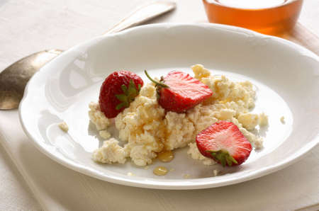 Cottage cheese with a strawberry and honeyの写真素材