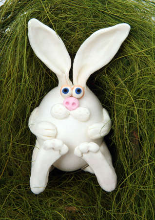 The rabbit made of egg, lays in a nest from a grass