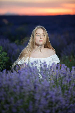 Beautiful blonde woman in the lavender field on sunset. Soft focusの写真素材