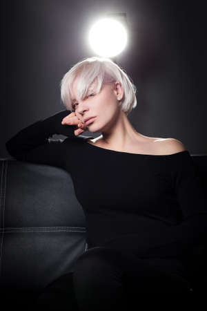 Close up studio portrait of a pretty blonde womanの写真素材