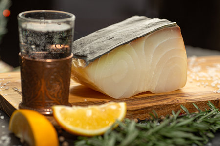 Smoked Sevryuga or sturgeon with rosemary on a wood slate board and a glass of vodka with glass-holder.の写真素材
