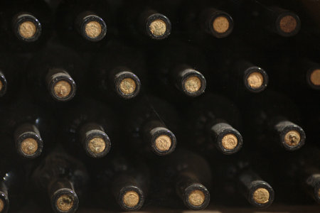 old wine bottles covered with dust and cobwebs are in the wine cellarの写真素材
