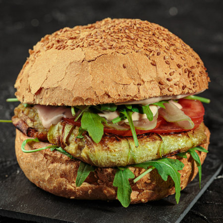 Tasty grilled burger with with beef, cheese, vegetables and rukkola on a dark background. Square imageの写真素材