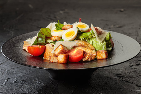 Caezar salad with chicken breast, tomato, eggs, lettuce and parmesan.の写真素材