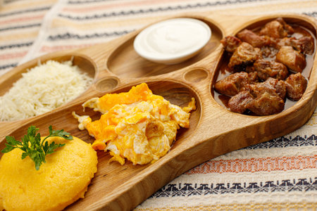 Tochitura is a traditional Romanian dish made from beef and pork served with polenta. top viewの写真素材