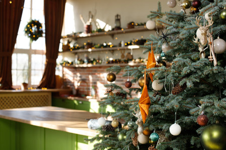 Decorated Christmas tree on blurred background.の写真素材