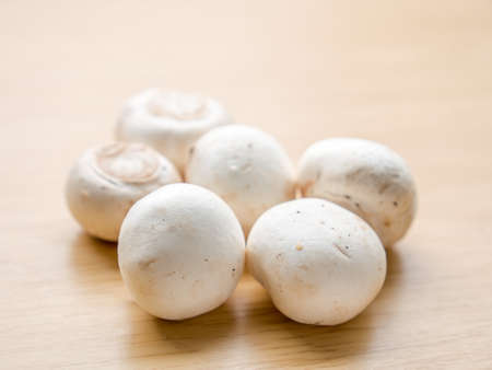 a group of Buttom mushroom on wooden board の写真素材