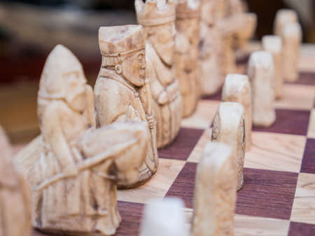 European style chess , hand made, wooden chess on wooden bord の写真素材