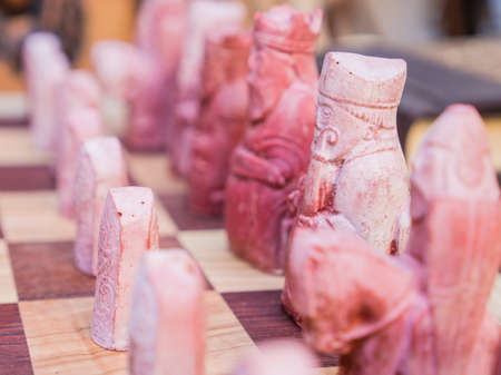 European style chess , hand made, wooden chess on wooden bord の写真素材