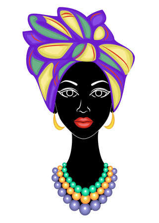 The head of a nice lady. On the head of an African American girl is tied a bright handkerchief, a turban. The woman is beautiful and stylish. Vector illustration.のイラスト素材