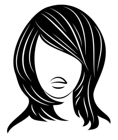 Silhouette of a head of a sweet lady. A girl shows a hairstyle of a woman on medium and long hair. Suitable for logo, advertising. Vector illustrationのイラスト素材