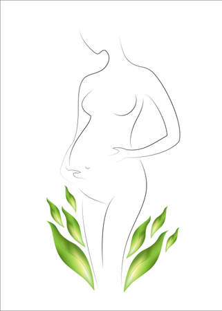 Silhouette of a beautiful lady. The girl is slim and elegant. Near it there are green leaves and a green background. Suitable for cosmetics advertising. Vector illustration.のイラスト素材