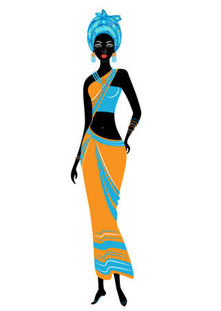 Slender beautiful African-American lady. The girl has bright clothes, a turban on her head. The woman is slender and beautiful. Vector illustration.のイラスト素材