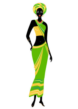 Slender beautiful African-American lady. The girl has bright clothes, a turban on her head. The woman is slender and beautiful. Vector illustration.のイラスト素材